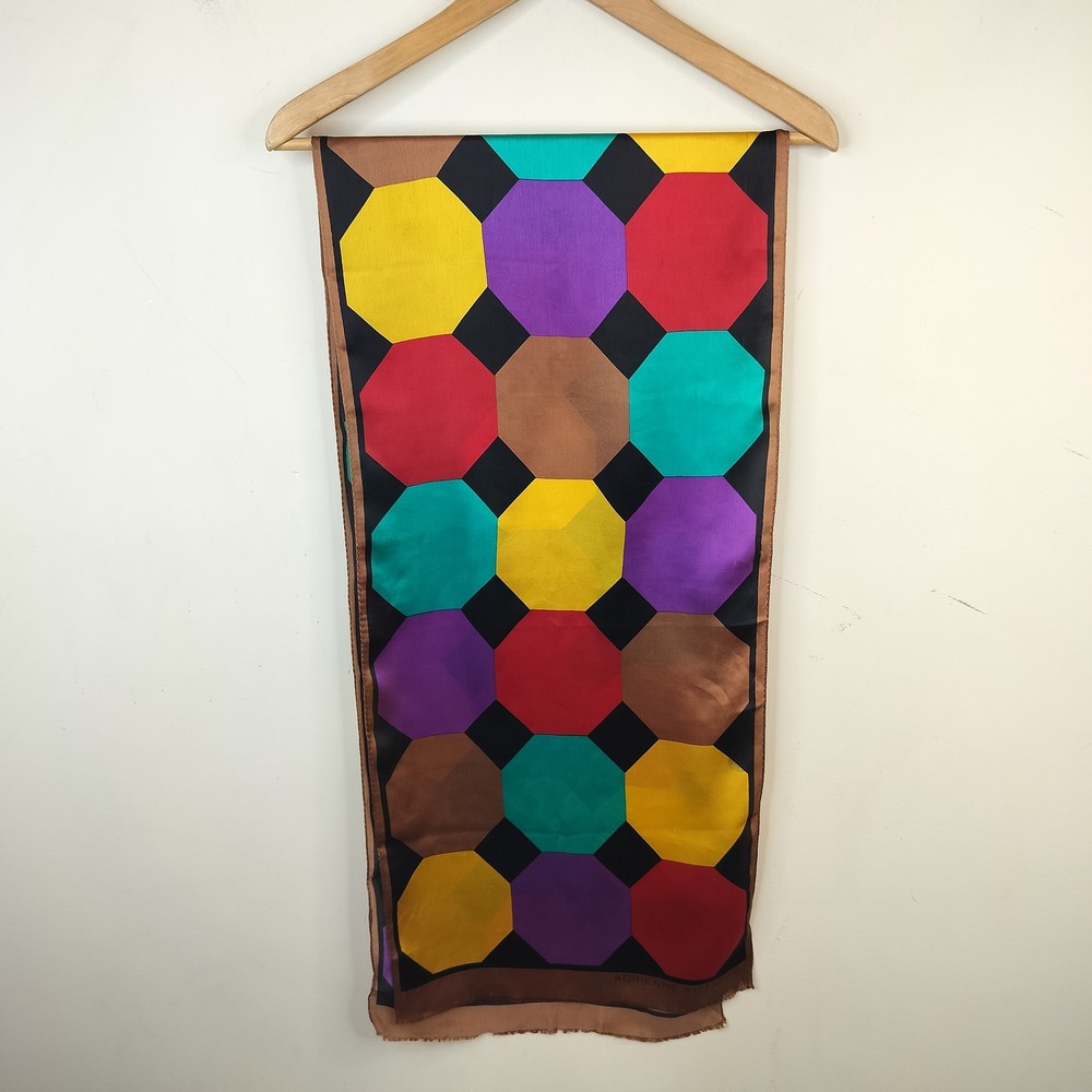 Adrienne Vittadini Vintage Silk Scarf Geometric Colorful Bold Honeycomb 64x13.5